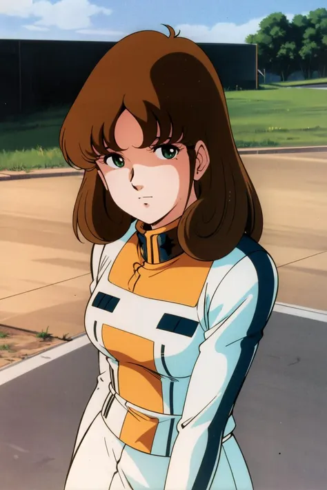 masterpiece,best quality,highres,<lora:Hayase Misa:0.6>,Hayase Misa,brown hair,green eyes,1girl,solo,1980s \(style\),cowboy shot,looking at viewer,uniform,military uniform,military,white skirt,outdoors,starfighter,futoshi slim,