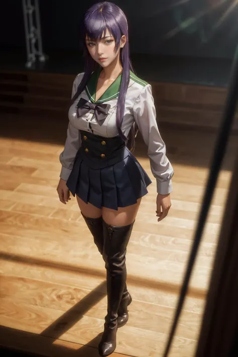 highres,absurdres,masterpiece,best quality,original,extremely detailed CG,extremely detailed wallpaper,perfect lighting,standing on the stage,blurry background,(from above),looking at viewer,
<lora:saeko-hotd:0.6>,saeko busujima,school uniform,thighhighs,thigh boots,<lora:GoodHands-beta2:1>,