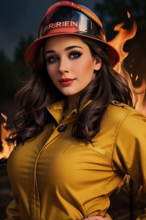 photo of <lora:laurenelise-03:0.5>, lauren elise,
, ((dark brown hair)), photo of a woman, ((outdoors, fire, at night)),((firefighter uniform, firefighter hat)) smiling, (lipstick, blush, eye shadow), ((best quality, masterpiece, extreme details, high resolution):1.2),((detailed eyes, beautiful eyes, detailed face, beautiful face):1.2)