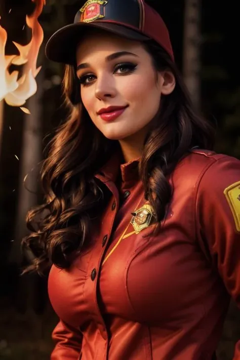 <lora:laurenelise-07:0.5>, lauren elise, , ((dark brown hair)), photo of a woman, ((outdoors, fire, at night)),((firefighter uniform, firefighter hat)) smiling, (lipstick, blush, eye shadow), ((best quality, masterpiece, extreme details, high resolution):1.2),((detailed eyes, beautiful eyes, detailed face, beautiful face):1.2)