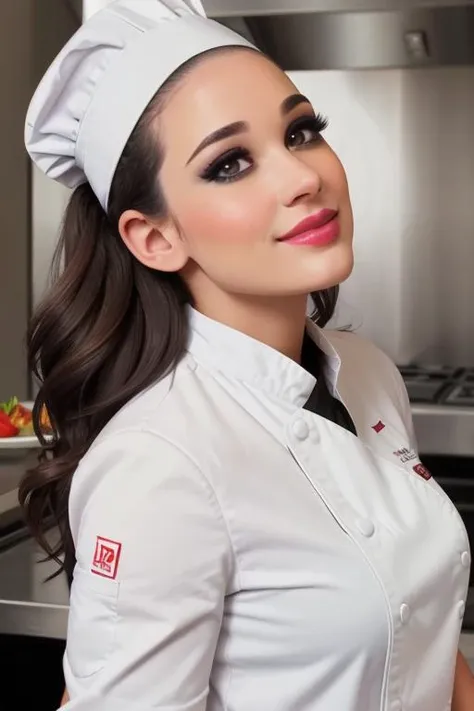 photo of <lora:laurenelise-03:0.5>, lauren elise,
, ((dark brown hair)), photo of a woman, ((chef hat, chef jacket, commercial kitchen)), smiling, (lipstick, blush, eye shadow), ((best quality, masterpiece, extreme details, high resolution):1.2),((detailed eyes, beautiful eyes, detailed face, beautiful face):1.2)