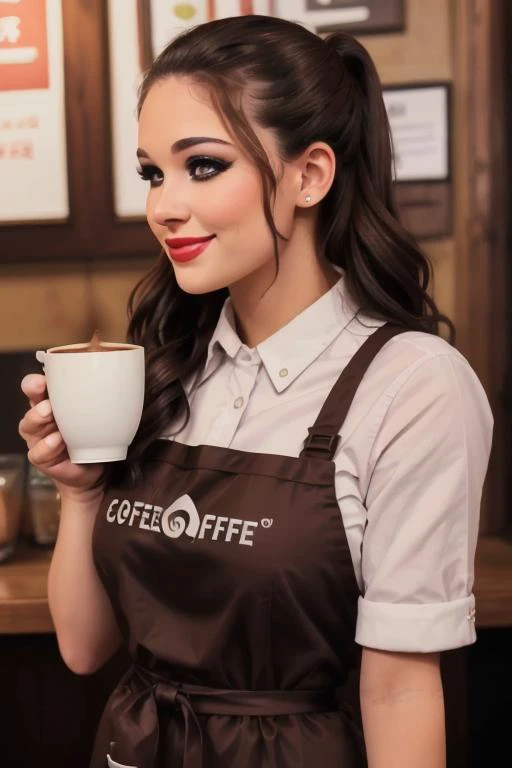 <lora:laurenelise-07:0.5>, lauren elise, ,photo of a woman, ((dark brown hair)), ((barista uniform, barista outfit, apron, coffee shop, coffee cup)),smiling, (red lipstick, blush), ((best quality, masterpiece, extreme details, high resolution):1.2),((detailed eyes, beautiful eyes, detailed face, beautiful face):1.2)