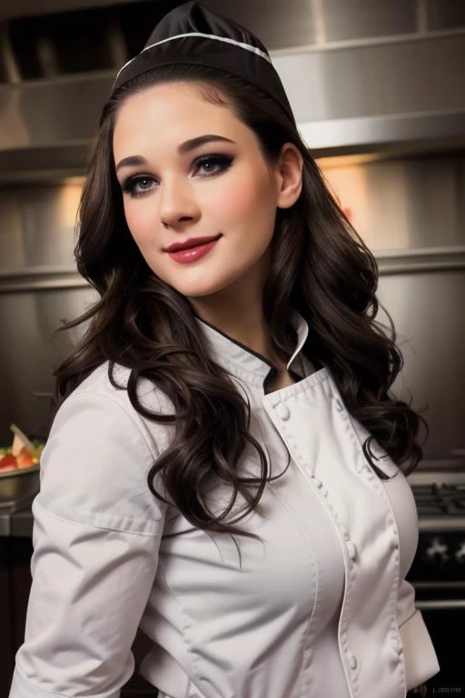 <lora:laurenelise-07:0.5>, lauren elise, , ((dark brown hair)), photo of a woman, ((chef hat, chef jacket, commercial kitchen)), smiling, (lipstick, blush, eye shadow), ((best quality, masterpiece, extreme details, high resolution):1.2),((detailed eyes, beautiful eyes, detailed face, beautiful face):1.2)