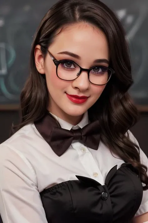 photo of a woman, ((dark brown hair)), ((bowtie, shirt, classroom, thick glasses, chalkboard)),smiling, (red lipstick, blush), ((best quality, masterpiece, extreme details, high resolution):1.2),((detailed eyes, beautiful eyes, detailed face, beautiful face):1.2) <lora:laurenelise-08:0.5>,lauren elise,
