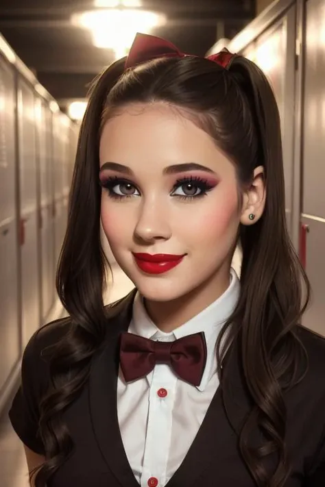 <lora:laurenelise:0.5>, laurenelise,  photo of a woman, kayas:0.99, ((dark brown hair)), ((shirt, bowtie, pigtails):1.1), ((hallway, lockers)), ((red lipstick, makeup)), (smile), ((best quality, masterpiece, extreme details, high resolution):1.2),((detailed eyes, beautiful eyes, detailed face, beautiful face):1.2)