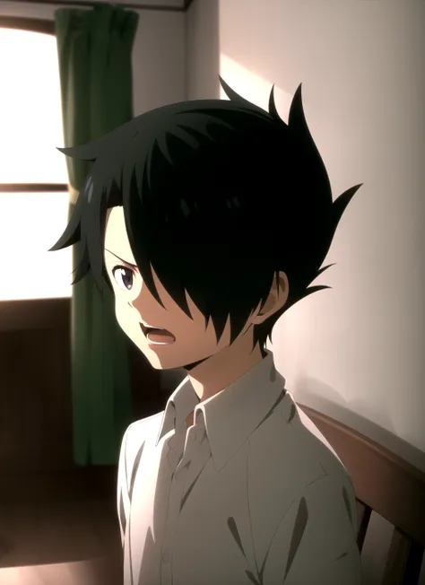 promisedNeverland <lora:promisedNeverland_offset:1>, masterpiece, best quality, 1boy, solo, male focus, black hair, hair over one eye, shirt, open mouth, white shirt, upper body, collared shirt, spiked hair, indoors, short hair