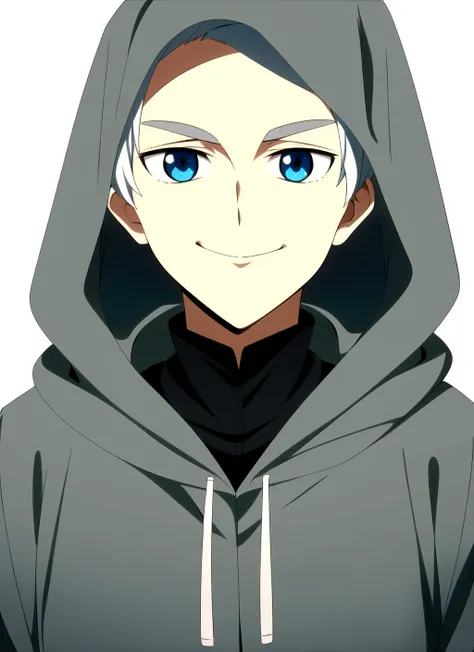 promisedNeverland <lora:promisedNeverland_offset:1>, masterpiece, best quality, 1boy, male focus, blue eyes, solo, smile, looking at viewer, hood, grey hair, white hair