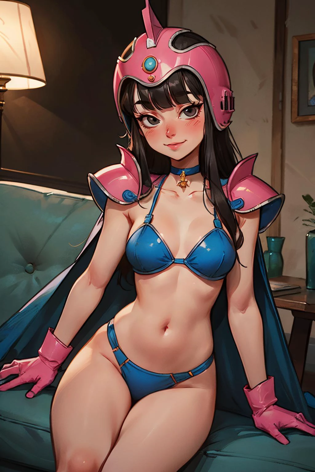 chichi, black eyes, long black hair, blunt bangs,pink helmet,blue bikini armor, choker, shoulder armor, cape, pink gloves, looking at viewer, serious, smiling, blush, sitting, on sofa, cute pose, inside cozy living room, bounce lighting, high quality, masterpiece, <lora:DB_ChiChi_Kid_v1:.8>
