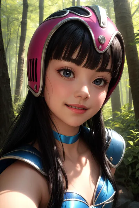 chichi, 1girl, solo, black eyes, black hair, long hair, blunt bangs,
bikini armor, armor, choker, shoulder armor, helmet, cape, pink gloves, blue armor, pink headwear, blue shoulderwear,
smile,closed mouth,portrait,
forest,outdoor,
(insanely detailed, beautiful detailed face, masterpiece, best quality) cinematic lighting,<lora:DB_ChiChi_???_v1:1>, <lora:more_details:0.3>,