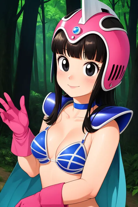 chichi, 1girl, solo, black eyes, black hair, long hair, blunt bangs, 
gloves, cleavage, blue choker, armor, helmet, pink headwear, shoulder armor, pauldrons, bikini armor, shoulder pads, green cape, pink gloves, 
smile,closed mouth,cowboy shot, upper body,
forest,outdoor,
(insanely detailed, beautiful detailed face, masterpiece, best quality) cinematic lighting,<lora:DB_ChiChi_Kid_v1:1>, <lora:more_details:0.3>,