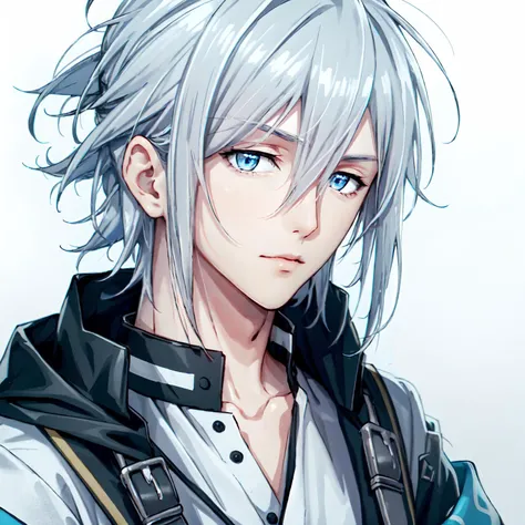 yotsuba tamaki\(idolish7\), 1boy, solo, looking at viewer, male focus, hair between eyes, bangs, white hair, blue eyes, close-up