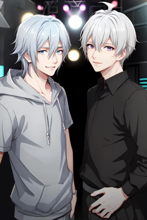 2boys, upper body, stage, stage lights BREAK
 <lora:Yotsuba_Tamaki_No_commercial_use_is_allowed_LoRA:0.45> 2boys, yotsuba tamaki\(idolish7\), looking at viewer, upper body, hair between eyes, bangs, white hair, white hoodie, grin,  male idol BREAK
2boys,  stage, stage lights BREAK
 <lora:Osaka_Sougo_No_commercial_use_is_allowed_LoRA:0.45> 2boys, osaka sougo\(idolish7\), looking at viewer, upper body, short hair, ahoge, hair between eyes, bangs, white hair, smile, male idol
