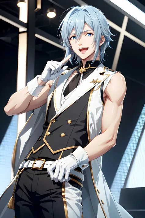 yotsuba tamaki\(idolish7\), 1boy, solo, looking at viewer, male focus, hair between eyes, bangs, white hair, blue eyes, smile, open mouth, white  clothes, belt, white gloves, fingerless gloves, black vest, idol clothes