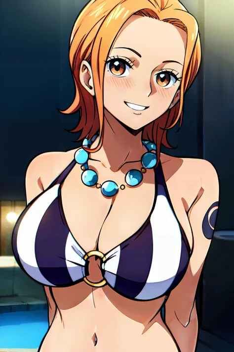 2d, masterpiece, best quality, anime, highly detailed face, highly detailed background, perfect lighting, 1girl, solo, upper body, (side focus:1.4), nami strong world, looking at viewer, short hair, orange hair, orange eyes, smile, blush, large breasts, navel, bracelet, tattoo, shoulder tattoo, jewelry, necklace, swimsuit, bikini, cleavage, striped bikini, vertical striped bikini, navel, <lora:Nami_Strong_World_Bikini-20:1>