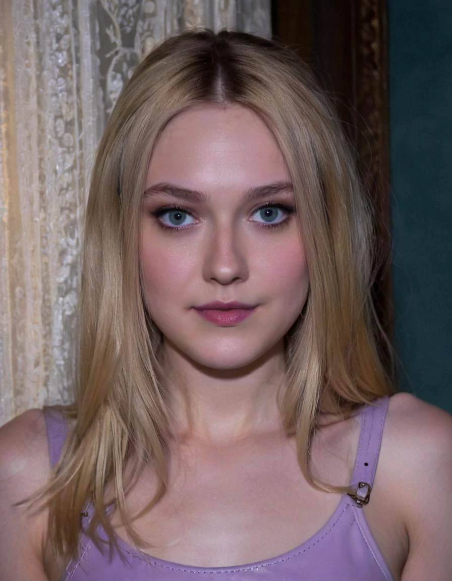 (dark:1.1), (dim:1.1), (low contrast:1.1), (film grain:0.9).
(very close shot, zoomed in face portrait:1.3) photo of (d4k0t4:1.3), a young woman with long blonde hair, (makeup, eyeliner, eyeshadow, lipstick:0.9), (pores:0.5), (goosebumps:0.5).
She is wearing a (extravagant:1.1) pastel purple leather crop top and booty shorts.
She is standing in a (dimly lit, dark:1.1) (fancy luxurious:1.1) (bohemian:1.1) (palace:1.1) with teal walls and (extravagant decor:1.1).
detailed skin texture, detailed cloth texture, detailed face, (intricate sharp details:1.1), ultra high res <lora:d4k0t4:0.9>