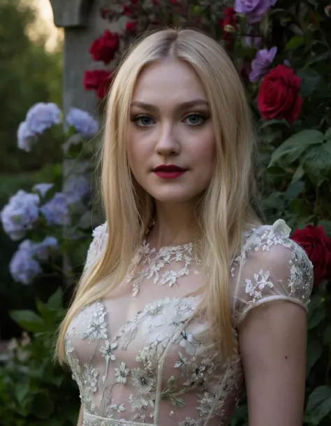 (dark:1.1), (dim:1.1), (low contrast:1.1), (film grain:0.9).
(medium shot, zoomed in upper body portrait:1.3) photo of (d4k0t4:1.3), a young woman with long blonde hair, (makeup, eyeliner, eyeshadow, lipstick:0.9), (pores:0.5), (goosebumps:0.5).
She is wearing a (elegant:1.1) floral sheer minidress.
She is standing in a (magical enchanted:1.1) (garden patio:1.1) with (tundra:1.1) in the background, (night:1.1).
detailed skin texture, detailed cloth texture, detailed face, (intricate sharp details:1.1), ultra high res <lora:d4k0t4:0.9>