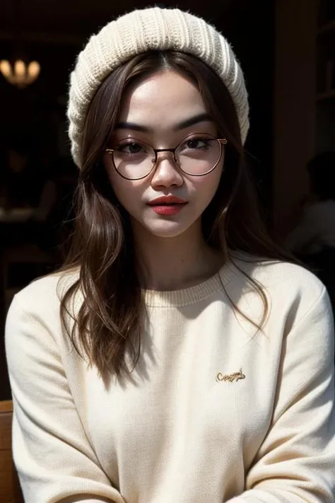 masterpiece, perfect face <lora:Daiyan_Trisha:1.5> wearing a cream knitted sweatshirt, round glasses, in a cafe, realistic, cinematic lighting