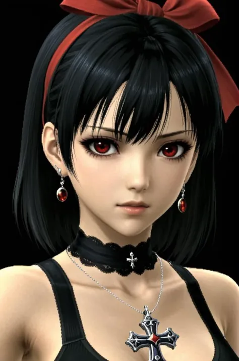 1girl,upper body,charming posing,close-up,cross necklace,female,PS2,PlayStation japan,low quality,rock and roll vibe,dark,mysterious,haunting,dramatic,ornate,PlayStation 2 graphics,PlayStation 1,ps1 style,Playation 1 Graphics,PS1 Game,<lora:PS1Redmond-PS1Game-Playstation1Graphics:1>,short hair,black hair,hair between eyes,serious,red red scarf,