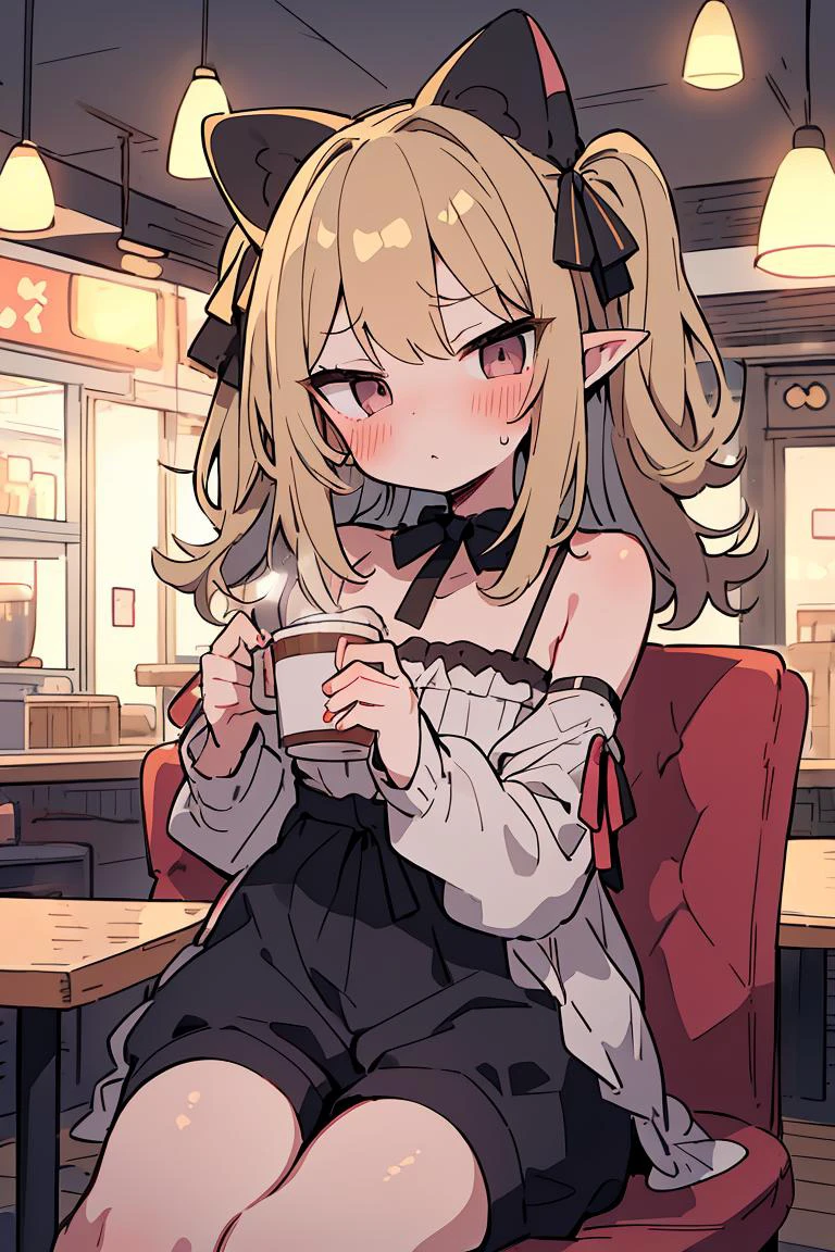 (masterpiece, best quality), female eighteen, stacked, inuit, steel gray eyes, upswept ears, square chin, smooth cheeks, sloping forehead, , ash blonde pompadour hair, anger wearing button-front romper, ribbon-tie halter top, , sultry gaze, gazing with intense eyes, conveying passion and desire, evening party lighting, a mix of warm and colorful lights, perfect for lively and romantic party scenes, a friendly neighborhood café, with cozy seating, friendly staff, and the aroma of freshly brewed coffee