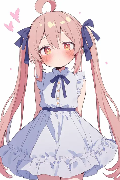 1girl,oyama mahiro,looking at viewer,cowboy shot,long hair,blush,ahoge,solo,sleeveless dress,twintails,hair ribbon,<lora:oyama_mahiro:0.7>,