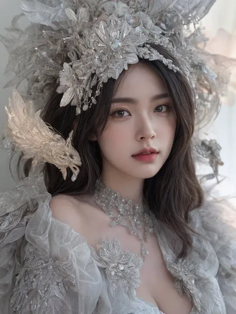 1girl, looking at viewer, long ponytail hair, upper body, huge breasts, <lora:Concept_more_details:1>, A teal hanfu with flowing, bell-shaped sleeves and crane motifs.,Sacred Mount Tai attracting pilgrims with its spiritual significance. <lora:Style_Opal:0.3> opal diamond,arms behind back,