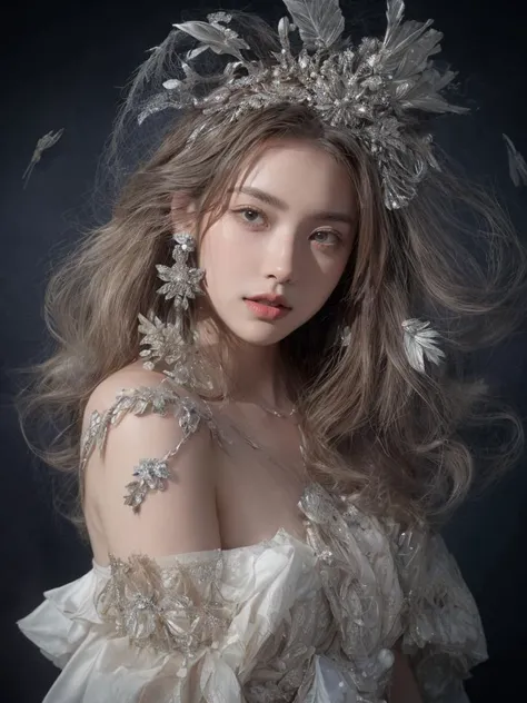 1girl, looking at viewer, long ponytail hair, upper body, huge breasts,  <lora:Concept_more_details:1>, A black, embroidered hanfu with a low-cut back and lotus flower design.,Modern skyscrapers outlining futuristic city skylines. <lora:Style_Opal:0.4> opal diamond