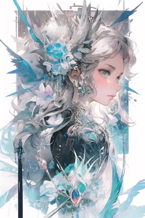 opal diamond, 1girl, solo, flower, feathers, profile, long hair, from side, hair ornament, upper body, blue flower, white background, eyelashes, blue eyes, jewelry, gem <lora:opal_diamond-noise:1>