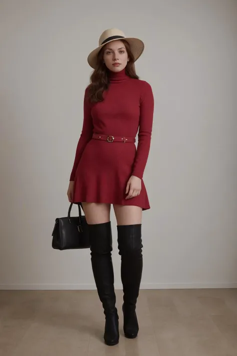 1girl, RE4, red sweater dress, Cuello, Ribbed sweater, Botas altas para muslos, pantimedias negras, harness, La mejor calidad, Obra maestra, ultra-high-resolution, (fotorrealista:1.4), ((1girl, pecho grande))