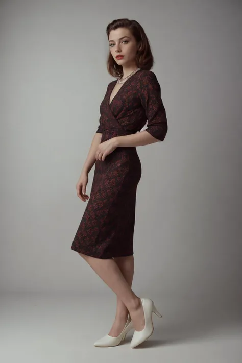 analog film photo A photo of futuristic avantgarde fashion photography, detailed and hyper realistic, full body redhead model, (Retro-print wrap dress, Block heel Mary Jane shoes, Box clutch, Pearl hair clips, Winged eyeliner, Vintage-inspired), dynamic pose, cinematic shot, photo taken by ARRI, photo taken by sony, photo taken by canon, photo taken by nikon, photo taken by hasselblad + incredibly detailed, sharpen, details + professional lighting, photography lighting + 50mm + lightroom gallery + behance photography + unsplash, Little black dress, Statement necklace, Pointed-toe pumps, Clutch purse, Bold red lipstick, Smokey eye makeup . faded film, desaturated, 35mm photo, grainy, vignette, vintage, Kodachrome, Lomography, stained, highly detailed, found footage