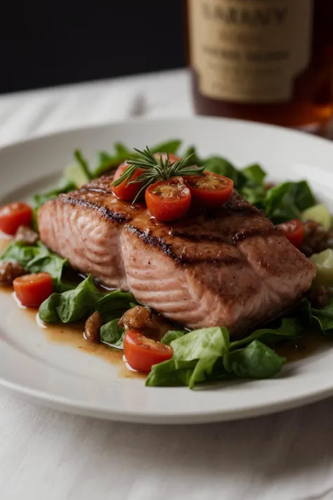 long shot scenic professional photograph of A magazine quality shot of a delicious salmon steak, with rosemary and tomatoes, and a cozy atmosphere BREAK award winning, a23, high budget, masterpiece, best quality, ultra-detailed, ultra high res, (photorealistic:1.4), raw photo, 8k HDR, bokeh, f1.4, 50mm, photorealistic, raw, 8k, textured skin, skin pores, intricate details <lora:add_detail:0.8>, perfect viewpoint, highly detailed, wide-angle lens, hyper realistic, with dramatic sky, polarizing filter, natural lighting, vivid colors, everything in sharp focus, HDR, UHD, 64K, Photorealistic, Hyperrealistic, Hyperdetailed, analog style, soft lighting, subsurface scattering, realistic, heavy shadow, masterpiece, best quality, ultra realistic, 8k, golden ratio, Intricate, High Detail, film photography, soft focus