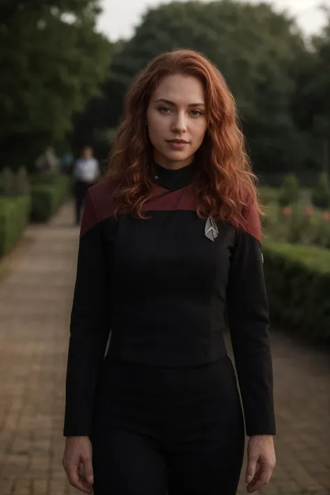 portrait of a serene woman with curly red hair, woman wearing (pcdst red uniform,black pants,black long sleeves:1.2)<lora:STPicardUniforms:0.8>, and standing in front of a tranquil rose garden. BREAK award winning, a23, high budget, masterpiece, best quality, ultra-detailed, ultra high res, (photorealistic:1.4), raw photo, 8k HDR, 1girl, bokeh, f1.4, 50mm, photorealistic, raw, 8k, textured skin, skin pores, intricate details <lora:epiCRealismHelper:.8> <lora:add_detail:0.8> <lora:DStyle_-_Photography_Style:.4> dstyle, RAW candid cinema, 16mm, color graded portra 400 film, remarkable color, ultra realistic, textured skin, remarkable detailed pupils, realistic dull skin noise, visible skin detail, skin fuzz, dry skin, shot with cinematic camera