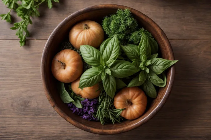 Top view of freshly harvested culinary herbs neatly arranged in a rustic wooden bowl, showcasing a vibrant mix of basil, rosemary, thyme, and parsley, the fragrant aroma emanating from the green leaves, the texture and colors of the herbs vividly captured, BREAK award winning, a23, high budget, masterpiece, best quality, ultra-detailed, ultra high res, (photorealistic:1.4), raw photo, 8k HDR, bokeh, f1.4, 50mm, photorealistic, raw, 8k, textured skin, skin pores, intricate details <lora:add_detail:0.8>, Photorealistic, Hyperrealistic, Hyperdetailed, analog style, soft lighting, subsurface scattering, realistic, heavy shadow, masterpiece, best quality, ultra realistic, 8k, golden ratio, Intricate, High Detail, film photography, soft focus