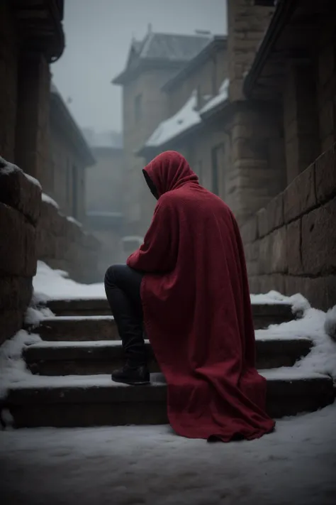 A solitary figure cloaked in a vibrant red robe sits on ancient, weathered stone steps amidst a dark and enigmatic environment, surrounded by towering stone structures veiled in mist. The atmosphere is mysterious and somber, with a light snowfall adding to the ethereal quality of the scene. An ethereal glow emanates from behind one of the stone structures, casting a soft light into the misty air but not illuminating much of the surroundings. BREAK award winning, a23, high budget, masterpiece, best quality, ultra-detailed, ultra high res, (photorealistic:1.4), raw photo, 8k HDR, bokeh, f1.4, 50mm, photorealistic, raw, 8k, textured skin, skin pores, intricate details <lora:add_detail:0.8>, Photorealistic, Hyperrealistic, Hyperdetailed, analog style, soft lighting, subsurface scattering, realistic, heavy shadow, masterpiece, best quality, ultra realistic, 8k, golden ratio, Intricate, High Detail, film photography, soft focus