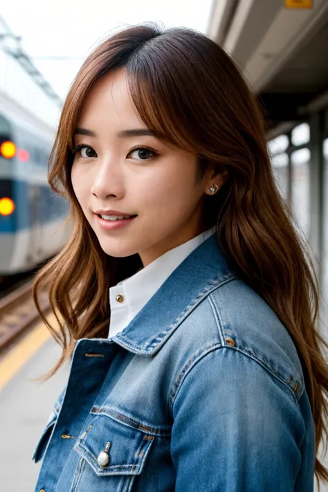 hyper realistic image of a stunning mt-amandaelisa with luscious brown hair styled in soft waves, framed by a denim jacket. Her brown eyes sparkle with allure as she stands outdoors, leaning against a motor vehicle. The viewer's attention is drawn to her captivating smile, accentuated by parted lips and gleaming teeth. Jewelry adorns her ears, adding a touch of glamour to her urban ensemble.