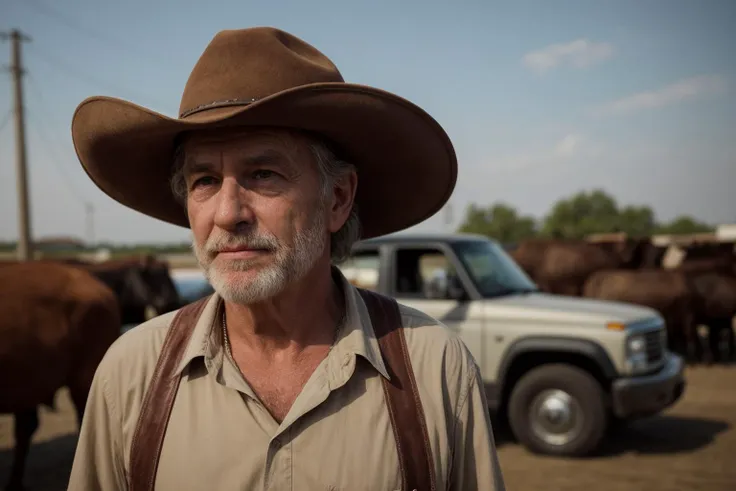 ultra realistic old cowboy with a cowboy hat. He is 63 years old with a brown trimmed mustache. His face and skin is weathered from long days in the sun. There are cattle in the background. He is looking straight at the camera as if heâs posing for a picture. He has wise eyes, and a beat up brown Chevrolet truck is in the background. He is a Texas cattle rancher BREAK award winning, a23, high budget, masterpiece, best quality, ultra-detailed, ultra high res, (photorealistic:1.4), raw photo, 8k HDR, bokeh, f1.4, 50mm, photorealistic, raw, 8k, textured skin, skin pores, intricate details <lora:add_detail:0.8>, Photorealistic, Hyperrealistic, Hyperdetailed, analog style, soft lighting, subsurface scattering, realistic, heavy shadow, masterpiece, best quality, ultra realistic, 8k, golden ratio, Intricate, High Detail, film photography, soft focus