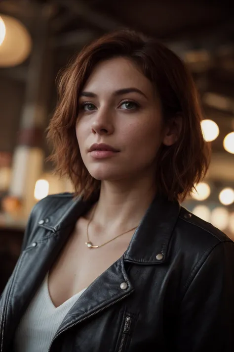 Photograph of a woman looking at the camera, short layered red hair, leather jacket, in a dark rusty steampunk tea store with rusty electronic equipment, film noir vibe BREAK award winning, a23, high budget, masterpiece, best quality, ultra-detailed, ultra high res, (photorealistic:1.4), raw photo, 8k HDR, bokeh, f1.4, 50mm, photorealistic, raw, 8k, textured skin, skin pores, intricate details <lora:add_detail:0.8>, Photorealistic, Hyperrealistic, Hyperdetailed, analog style, soft lighting, subsurface scattering, realistic, heavy shadow, masterpiece, best quality, ultra realistic, 8k, golden ratio, Intricate, High Detail, film photography, soft focus