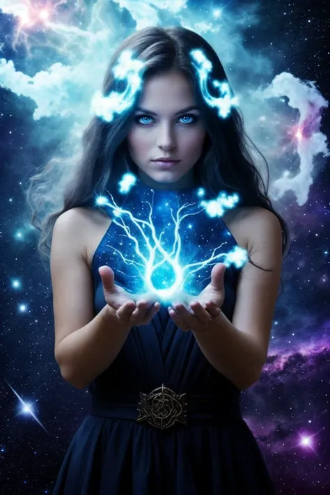 Nebula sorceress A woman with eyes that glow like dying stars, her hands wreathed in nebulous clouds, casting spells that shape the very fabric of space and time.