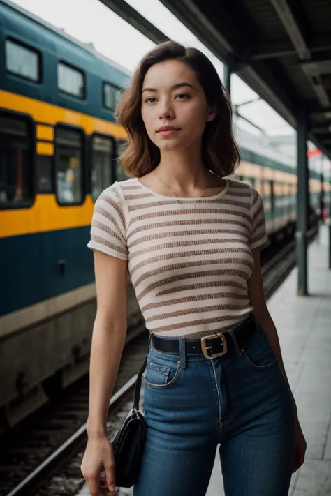 analog film photo beautiful girl, (Striped Breton top, High-waisted jeans, Ballet flats, Crossbody bag, Leather belt), (supermodel dynamic pose) BREAK BREAK (Photograph the architectural grandeur of Busan Station, with its historic facade, bustling train platforms, and the blending of old-world charm and modernity.), close up on face, shadow play, Point of View (POV) Shot, by Jeremy Mann and Richard Avedon, award winning photo, masterpiece, <lora:[ID]_-_IIG_Evelyn:1> mt-evelyn . faded film, desaturated, 35mm photo, grainy, vignette, vintage, Kodachrome, Lomography, stained, highly detailed, found footage