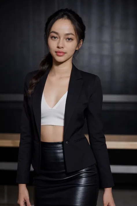 beautiful girl, ((Classic_black_blazer:1.4),(Pencil_skirt:1.3),(Pointed-toe_pumps:1.2),(Business_meeting_background:1.4)), (supermodel dynamic pose) BREAK catwalk of fashion show in paris BREAK (simple black background), High Angle, blue hour, High Angle, by Jeremy Mann and Richard Avedon, award winning photo, masterpiece, <lora:[ID]_-_Indah_Kusumaningrum:1> mt-indahkus