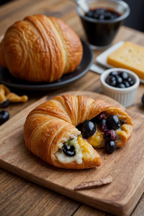 Croissant with cheese and black olives on a wooden table