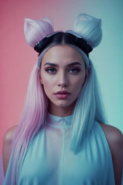 A beautiful female pop artist wearing a pastel sleek futuristic outfit with a huge headpiece center piece. She has clean makeup and is captured in vivid colors, embodying the essence of fantasy and a minimalist, fantastical edgy and regal themed outfit, with depth of field. 