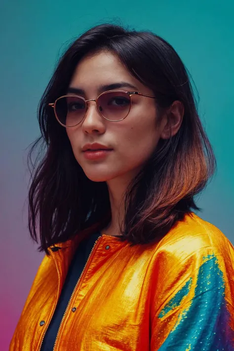 bohemian aesthetic bright, (friarmoody lighting,perfect features,sharp,4k,moist skin,soft cinematic light,soothing tones,soft image,), a woman wearing a shiny jacket and sunglasses posing for a picture, style in digital painting, style digital painting, in style of digital illustration, cinema 4d colorful render, in style of digital painting, vibrant digital painting, colorful digital painting, glossy digital painting, smooth digital art, 3d digital art 4k, full color digital art, smooth. digital painting . free spirited, eclectic, colorful, highly detailed 