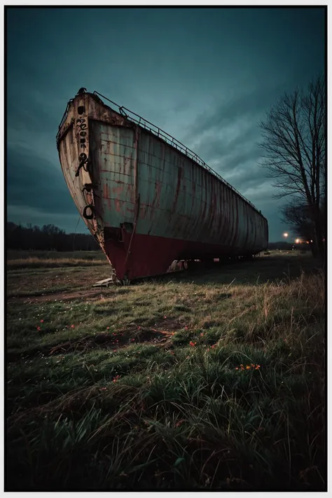 winter, dark, dusk, an abandoned old oil tanker, an overgrown , frame weathered and worn, detailed