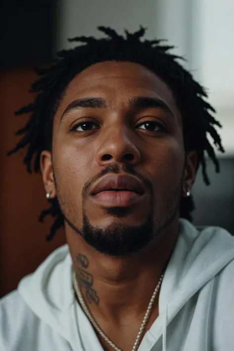 photograph of a the rapper in the room, in the style of realistic hyper-detailed portraits, close-ups, topcor 58mm f/1.4, looking at the camera 