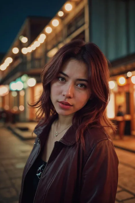 Cinematic, realistic, close-up, cinematic documentary of a 22-year-old woman with vibrant red hair and eyes the hue of twilight, embracing the lively spirit of New Orleans, Louisiana, the cityâs music and history resonating with her adventurous heart, shot with a Canon EOS R