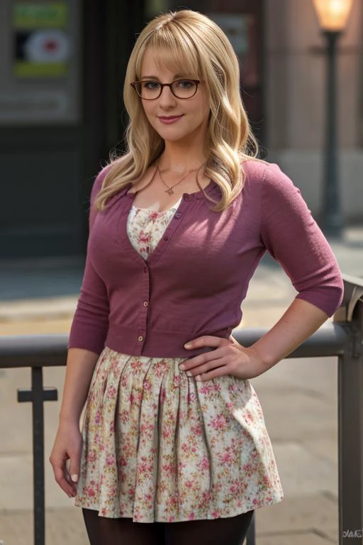 real, atmospheric scene, masterpiece, best quality, (detailed face, detail skin texture, ultra-detailed body),(cinematic light),
<lora:Bernadette_MelissaRauch_smf_lora_v1-000004:0.9>, 1girl, b3r2e6d3t7e-smf, solo, pantyhose, glasses, blonde hair, smile, skirt, jewelry, necklace, hand on hip, fashion, simple background, long hair, floral print, lips, standing, pink shirt