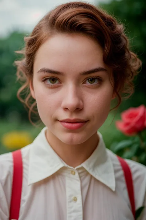 analog film photo portrait of a serene woman with curly red hair, <lora:[ID]_-_IIG_Evelyn:1> mt-evelyn,  wearing a white collared shirt, and standing in front of a tranquil rose garden. BREAK award winning, a23, high budget, masterpiece, best quality, ultra-detailed, ultra high res, (photorealistic:1.4), raw photo, 8k HDR, 1girl, bokeh, f1.4, 50mm, photorealistic, raw, 8k, textured skin, skin pores, intricate details <lora:epiCRealismHelper:.8> <lora:add_detail:0.8> <lora:DStyle_-_Photography_Style:.4> dstyle   . faded film, desaturated, 35mm photo, grainy, vignette, vintage, Kodachrome, Lomography, stained, highly detailed, found footage