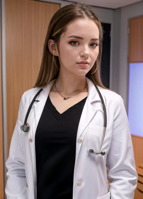 (SFW,8k, RAW photo, best quality, masterpiece:1.2),(realistic, photo-realistic:1.37),amanda ,(((upper body,doctor outfit)))  <hypernet:amanda:1>