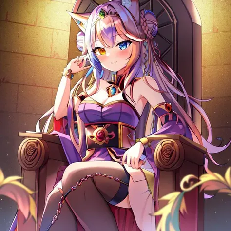 best quality, masterpiece, highres, detailed, perfect anatomy, <lyco:Change - PrincessCh:0.9>, PrincessCh, castle, throne, dress, heterochromia, multicolored hair, tiara, braid, braided bun, fox ears, fox tail, dog ears, dog tail, cat ears, cat tail,  <lora:EvilExec:1.0>, EvilExecCh