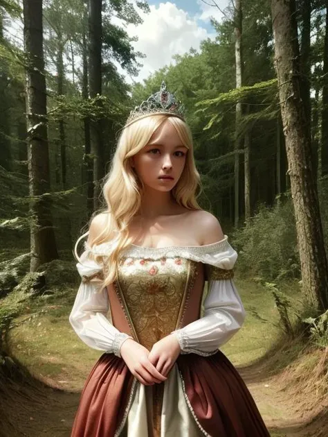 best quality, masterpiece, highres, detailed, perfect anatomy,  <lora:Detail - add_detail:0.2>,  <lyco:Change - PrincessCh:0.7>, PrincessCh, tiara, outdoors, forest, lost, european girl, 30 years old woman, 1girl, blonde hair, realistic,